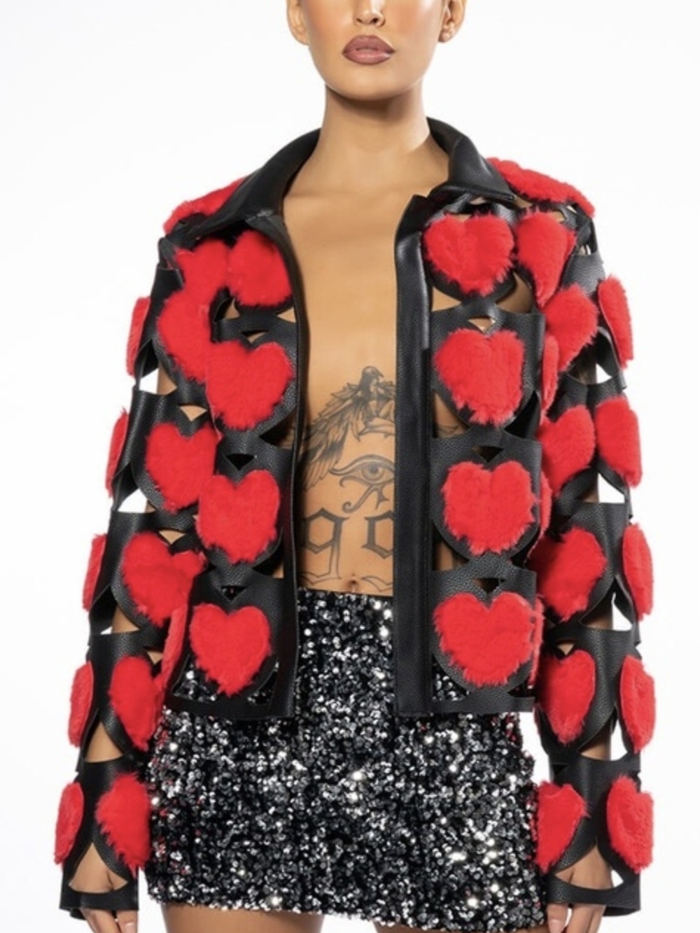 AKIRA Black Faux Leather Jacket with Red Heart Appliqués